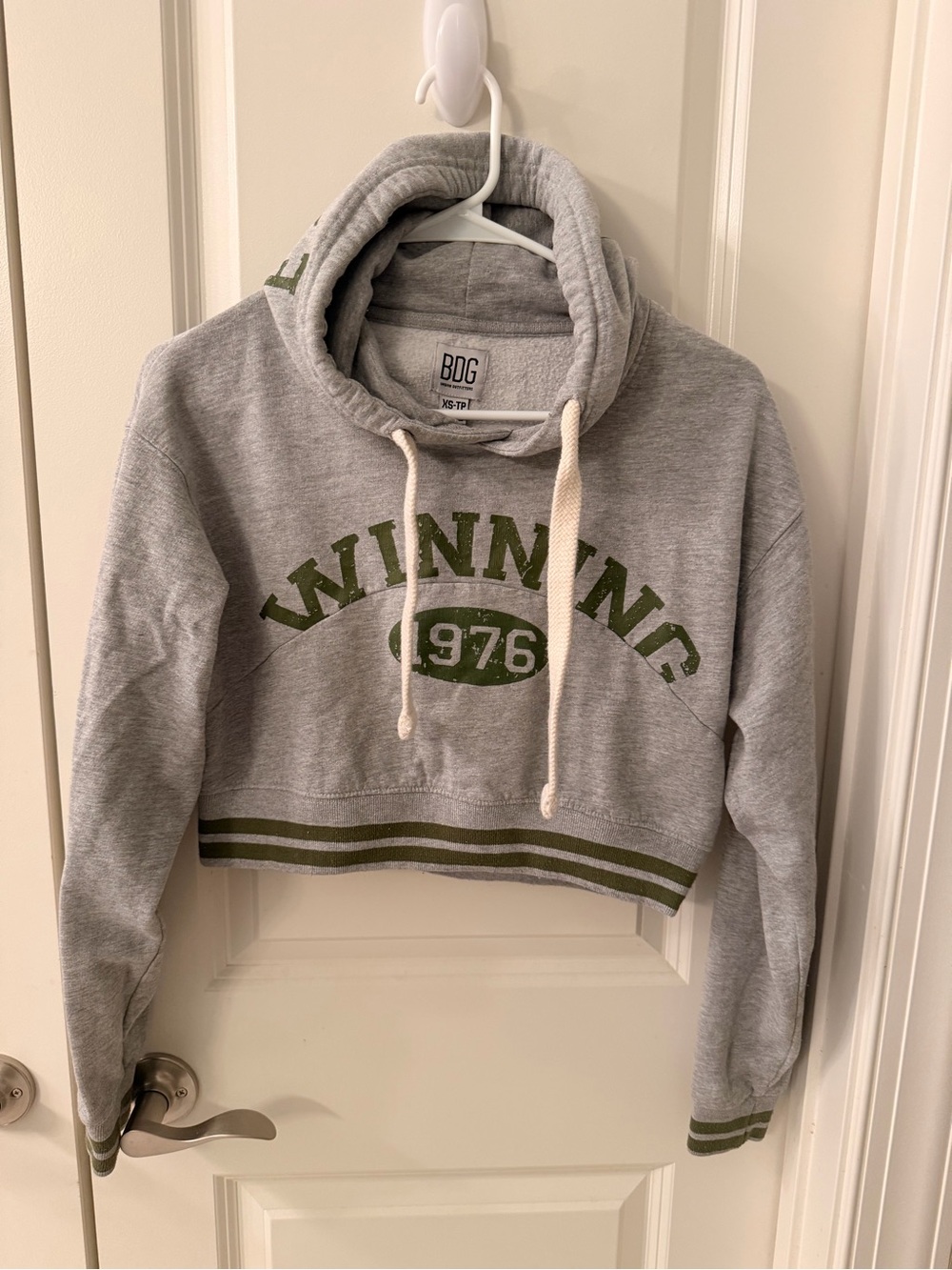 BDG Heather Gray Cropped Hoodie with Olive Green Varsity Graphic